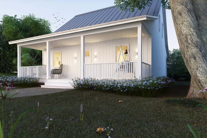 The front exterior view of the Steel-frame Cottage House for Comfy Living.