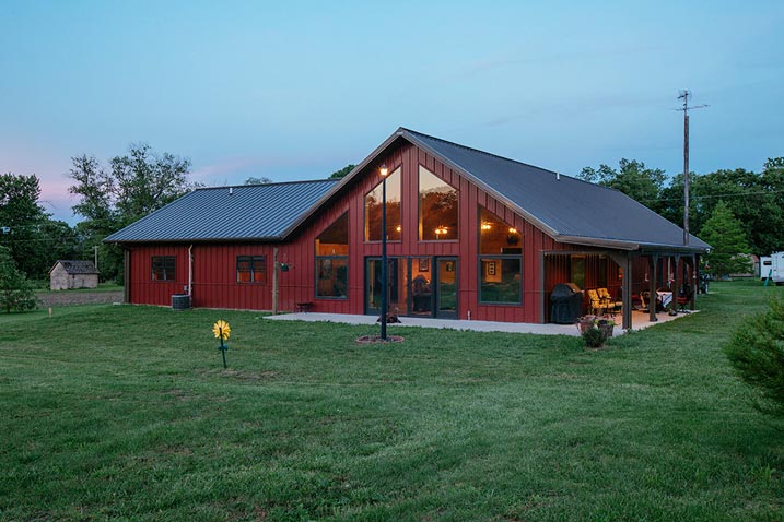An exterior shot of the Metal Building Home.