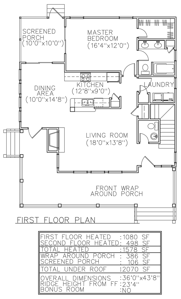 The main level floor plan of the Medium-Sized Farmhouse with wrap around porch, living room, dining area, kitchen, laundry, screened porch, master bedroom.