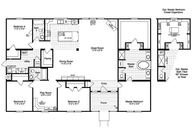 The main level floor plan of the 2,520 Sq. Ft Perfect Manufactured Home with a porch, great room, dining room, kitchen, pantry, play room, 2 bathrooms, 3 bedrooms, master bathroom, and master bedroom, with another optional bedroom and bath.