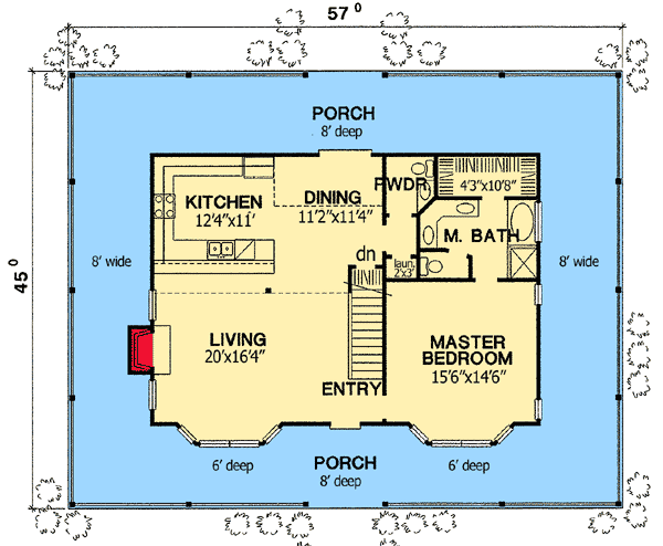 The main level floor plan of the Farmhouse with a wrap-around porch, Entry, living room, kitchen, dining room,  powder room, master bathroom, master bedroom.