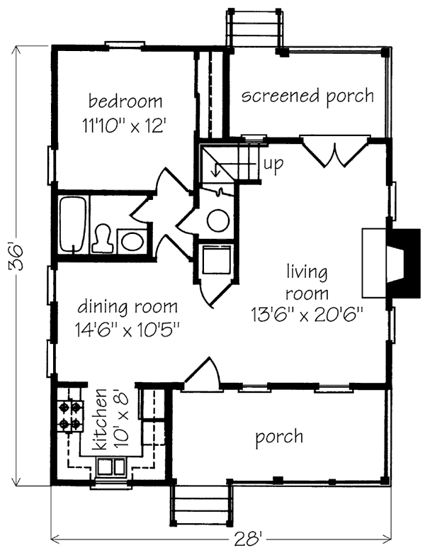 Main level floor plan of the 2 Bedroom Cabin with a front porch, screened porch, kitchen, dining room, living room, and bedroom.