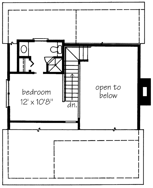 Second level floor plan of the 2 Bedroom Cabin with a bedroom and a single bathroom.