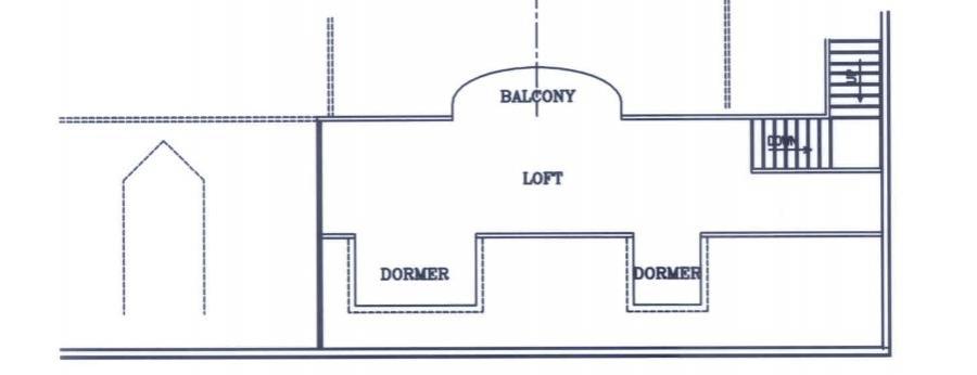 The second level floor plan of the Ellijay steel farmhouse, with loft, balcony, and dormers.  