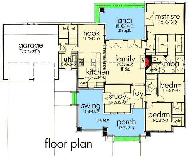 The main level floor plan of the Gorgeous Country House, with porch, study, foyer, family room, kitchen, nook, utility room, garage, swing, lanai, walk-in closets, master bathroom, master bedroom, and 2 bedrooms.