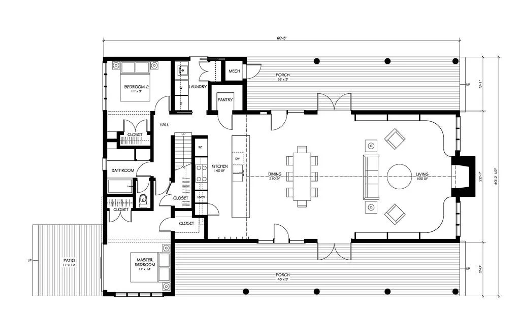 The main level floor plan of the Minimalist Farmhouse Bachelor Pad with porch, patio, living room, dining area, kitchen, pantry, mech, laundry, closet bedroom, bathroom, and master bedroom.