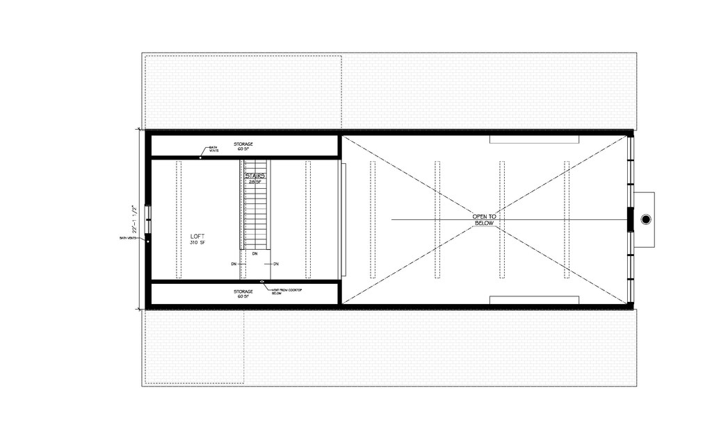 The second level floor plan of the Minimalist Farmhouse Bachelor Pad with loft.