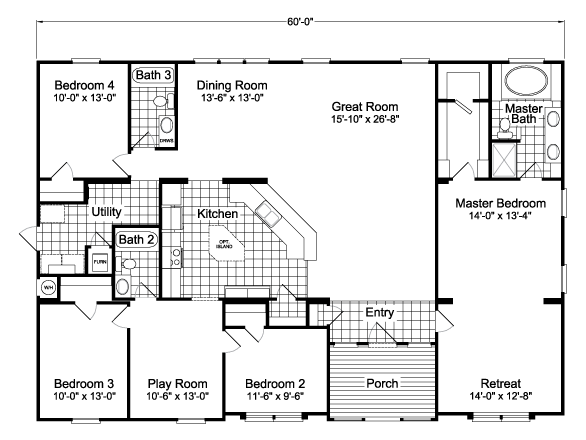 The main level floor plan of the 41 x 60 Modular Home w/ Luxury Interior with porch, entry, great room, dining room, kitchen, utility room, play room, 3 bedrooms, 2 bathrooms retreat, master bedroom, and the master bathroom.