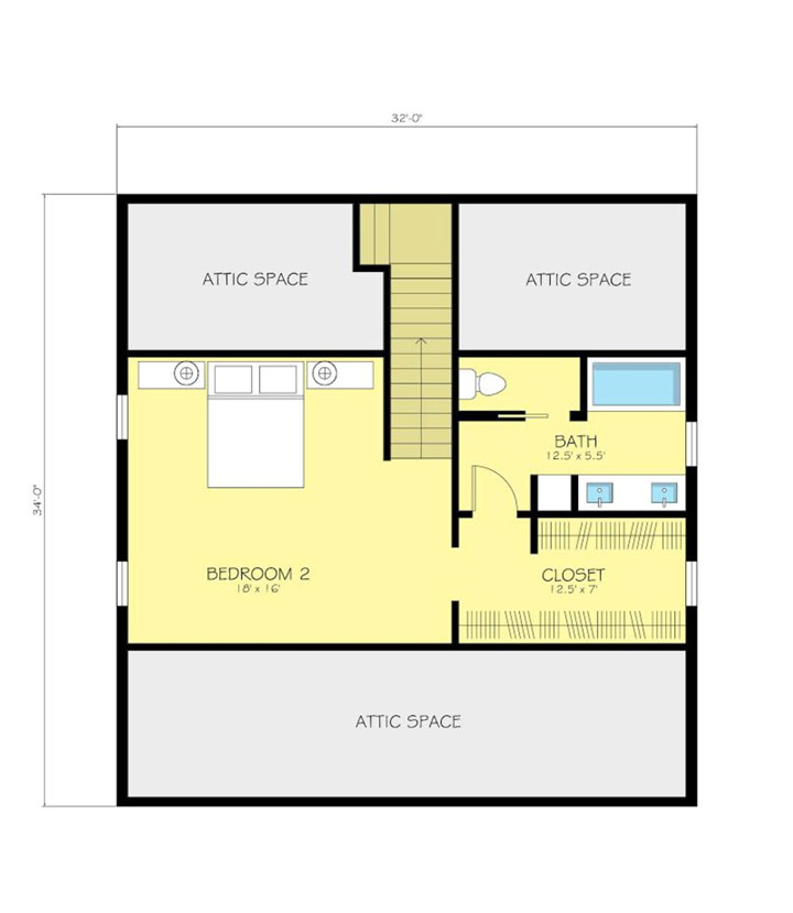 The second level floor plan of the Steel-frame Cottage House for Comfy Living, with attic space, bath, walk-in closet, and a bedroom.