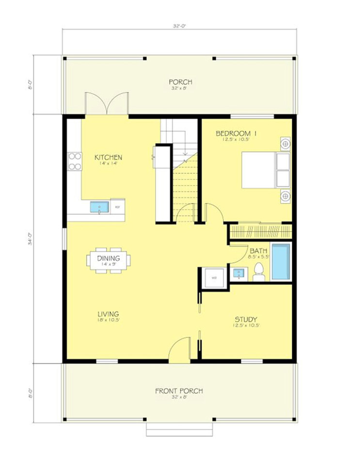 The main level floor plan of the Steel-frame Cottage House for Comfy Living. with front porch, back porch, study, living room, dining room, kitchen, bathroom, and a bedroom.
