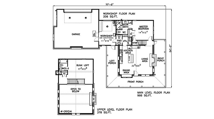The main and upper level floor plan of the Ranch Home with a wrap-around porch, dining area, living area, kitchen, garage, workshop, powder room, utility room, master bathroom, master bedroom, and loft.
