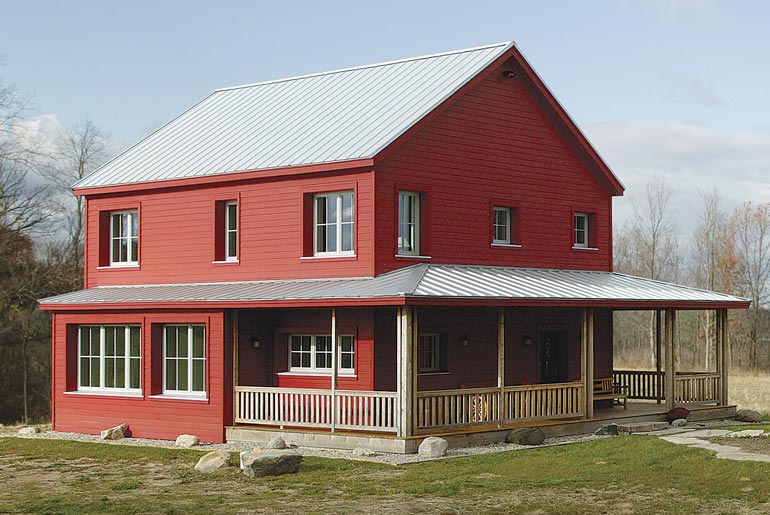 An angled view of the Farmhouse, highlighting the dimensions of the whole structure.