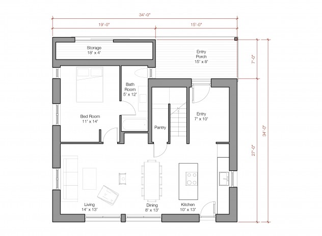 Main level floor plan of the Super Energy Efficient Prefab Rural Farmhouse with entry porch, storage, entry, kitchen, dining, living room, bedroom, and bathroom.