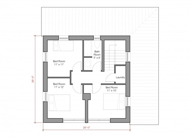 Second level floor plan of the Super Energy Efficient Prefab Rural Farmhouse with bathroom, laundry room, and three bedrooms.