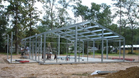 Metal building frame during the construction process.