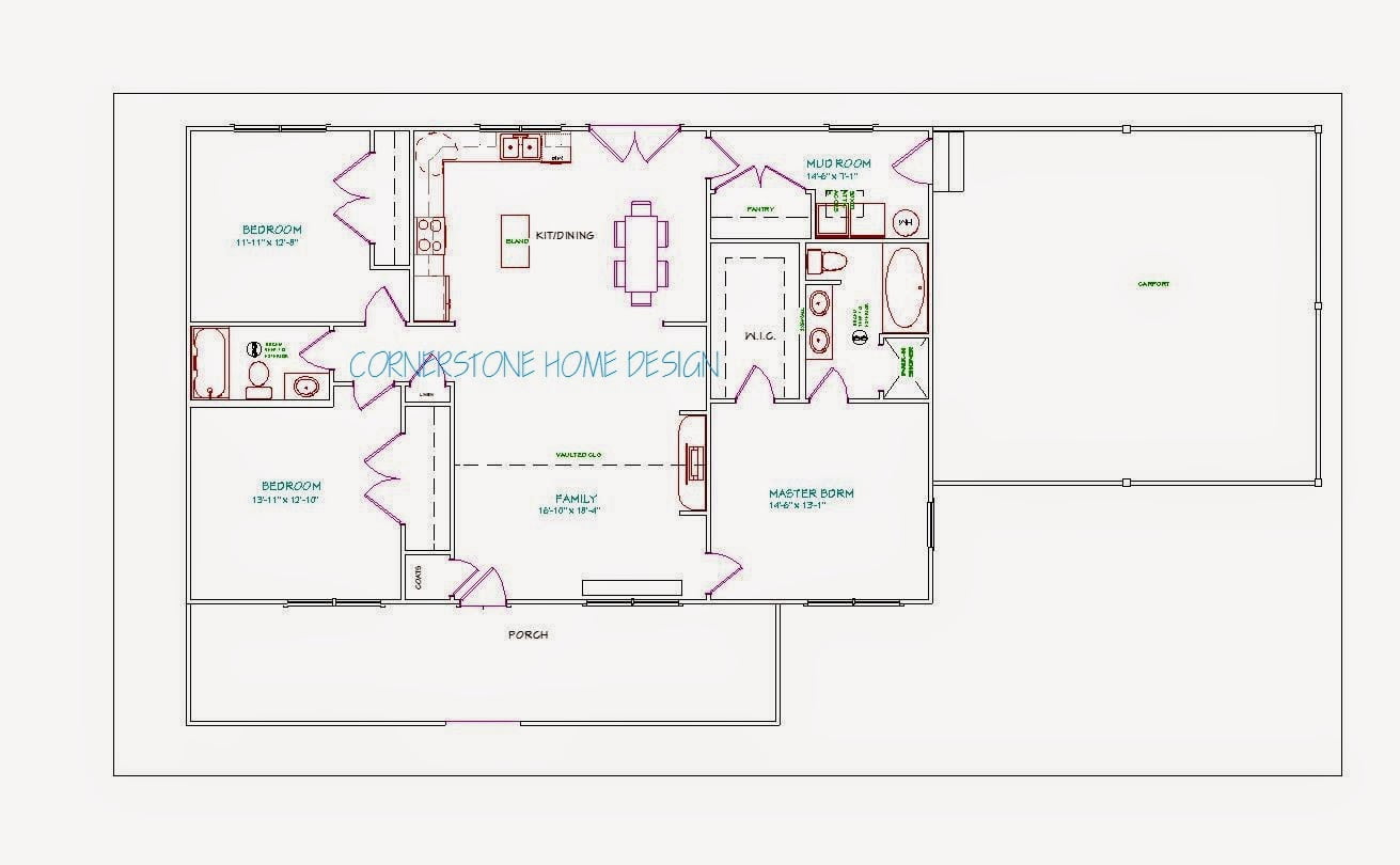Main level floor option plan of the Simple & Clean Farmhouse with porch, bedroom, family room, kitchen, dining area, mudroom, master bedroom, and carport.