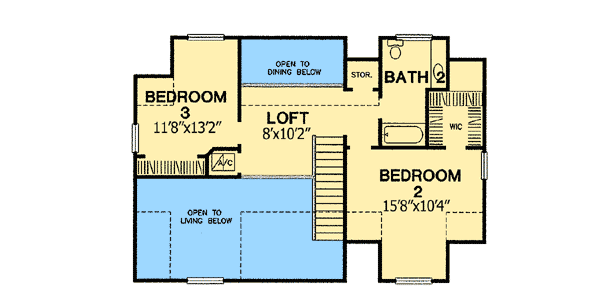 The second level floor plan of the Farmhouse with loft, bathroom, and 2 bedrooms.