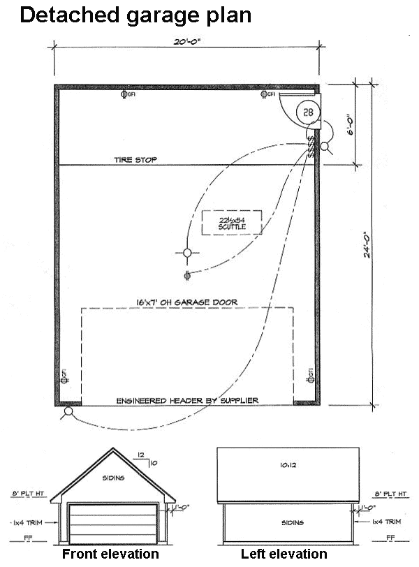 The detached garage plan of the Farmhouse with front and left elevation sketches.