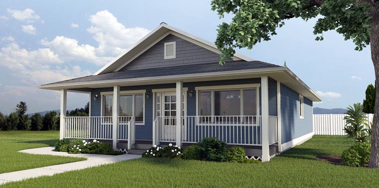 Front-right angled view of the 1260 Sq. Ft. Economical Rancher Home showcasing the front porch.