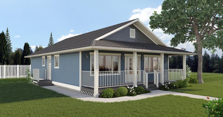 Left-front angled view of the 1260 Sq. Ft. Economical Rancher Home.