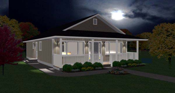 Left-front angled view of the 1260 Sq. Ft. Economical Rancher Home in grey colors.