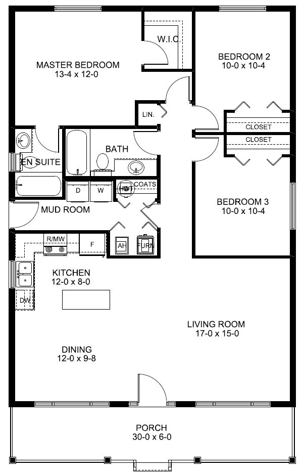 Main level floor plan of the 1260 Sq. Ft. Economical Rancher Home with porch, living room, dining area, kitchen, mudroom, bathroom, and 3 bedrooms.