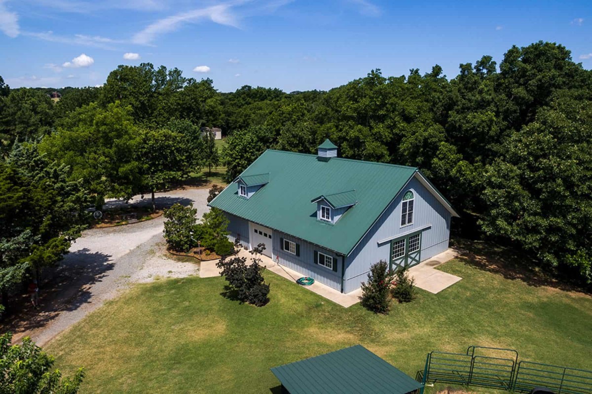 Overhead angled view of a Morton house with a green gabled roof
