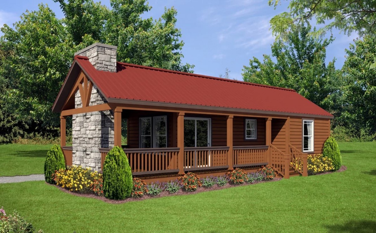 A 3D render concept of prefab cabin home with stone chimney by Titan Factory Direct