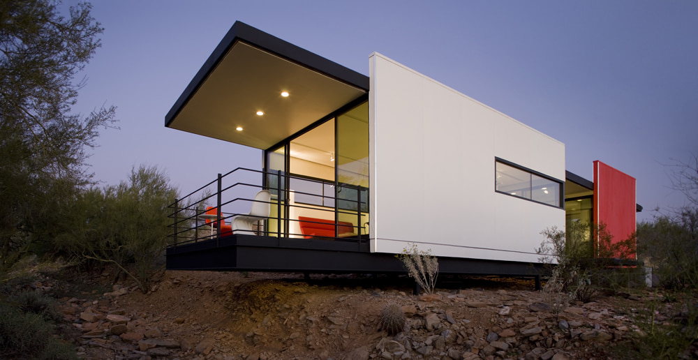 Modern look prefab in white and red built by Office of Mobile Design company