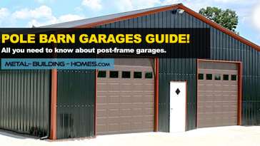 dark green pole barn garage with two brown doors and orange trim