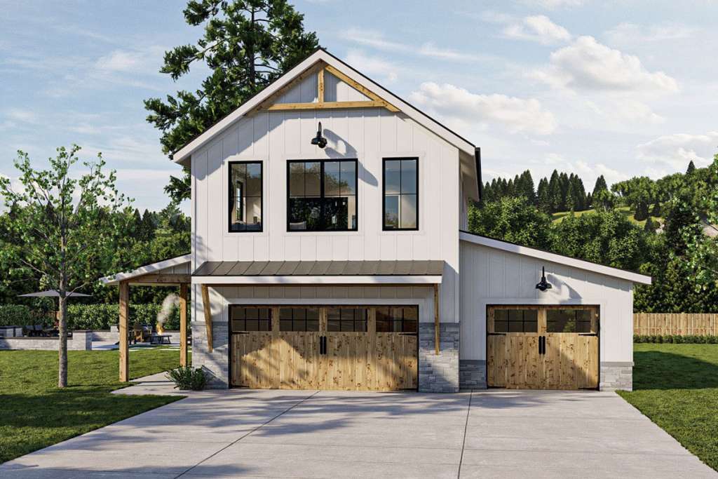 3D render of 44' x 35' barndominium with a garage