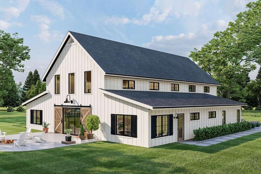3D render of a 56' x 64' pole barn home in white color