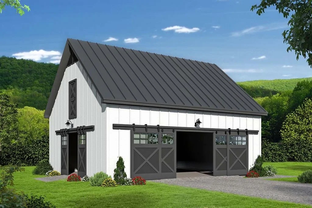 3D render of 36' x 36' pole barn garage with 35' x 28' loft above it white walls grey roof