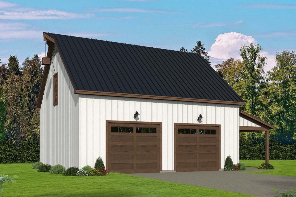 3D render of two-door 52' x 36' Drive-through Post Frame Garage with a loft above