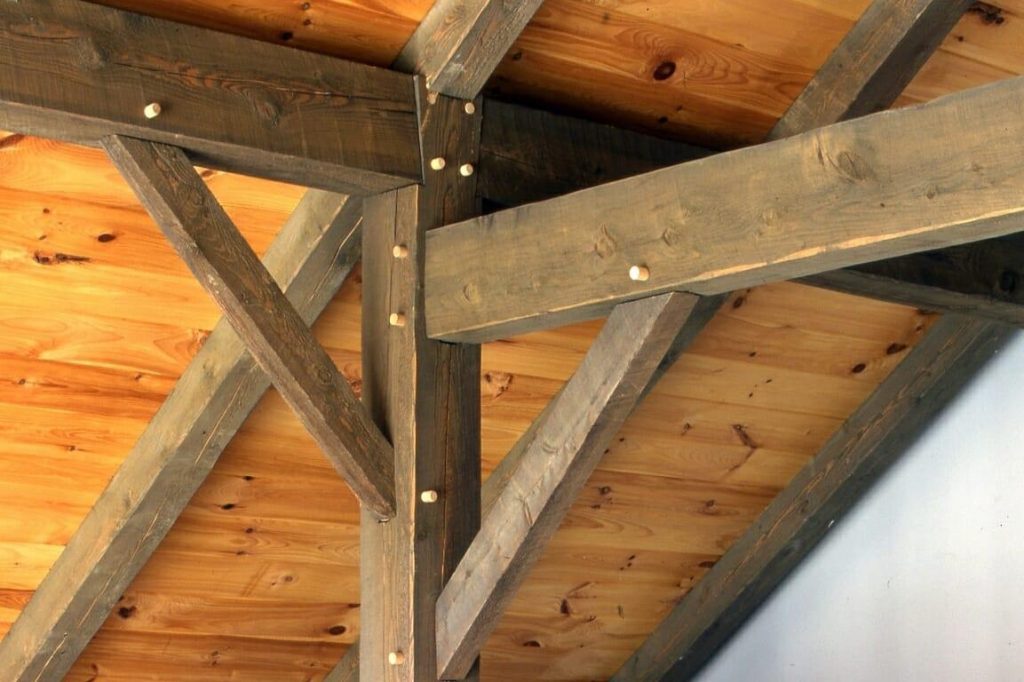 A real example timber beams of wood joinery without using any nails or metal fasteners.