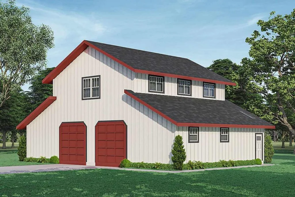 3D render of two-door 54' x 36' Monitor-style pole Barn Garage with big storage above