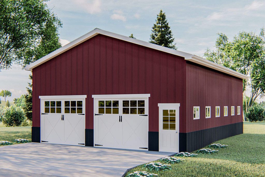 40 by 30 red and white pole barn garage render