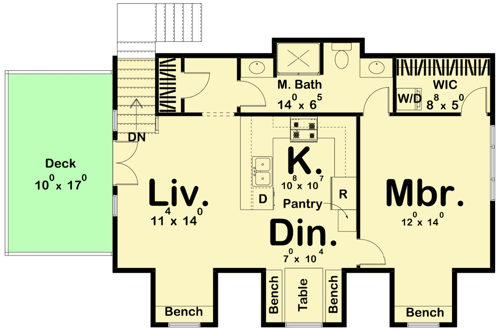 Second-floor plan with deck, living room, kitchen, main bedroom, dining area.