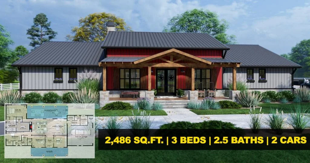 front view of 3 bedroom metal framed barndominium with a little floorplan overview in the corner and home stat