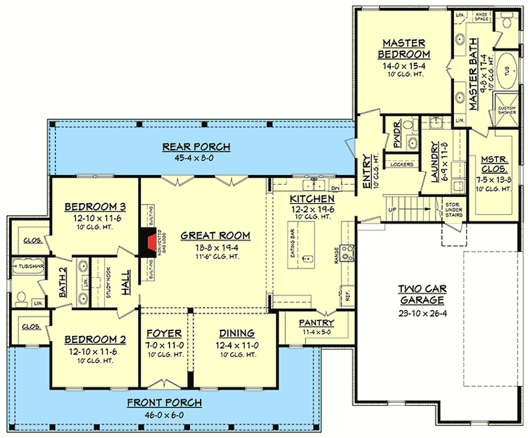 Main level floor plan for the 3-bedroom 2-story Farmhouse with front porch, rear porch, 2-car garage, dining area, foyer, great room, kitchen, pantry, laundry room, master bath, master closet, and 3 bedrooms, including the master bedroom.