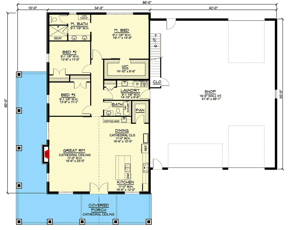 Main-level floor plan of 3 bedrooms, single-story farmhouse. With Great Room, Kitchen area, Dining area, pantry, Bathroom, Laundry, 3 Bedroom including the master bedroom, master bathroom and the shop/garage.