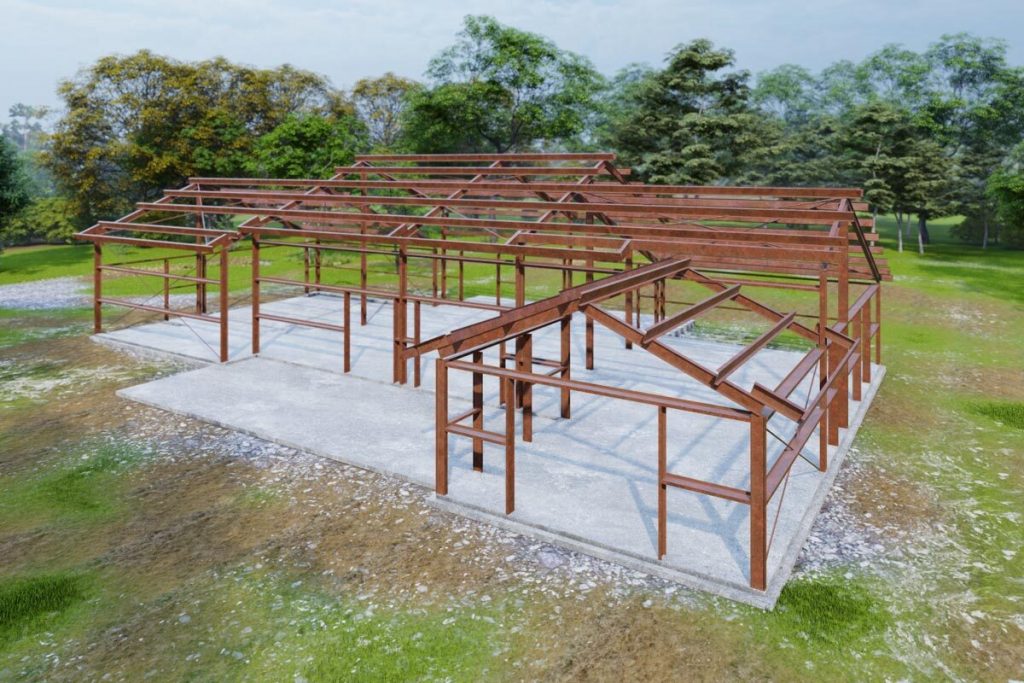 metal framing structure of 2486 square feet metal building home on a concrete slab