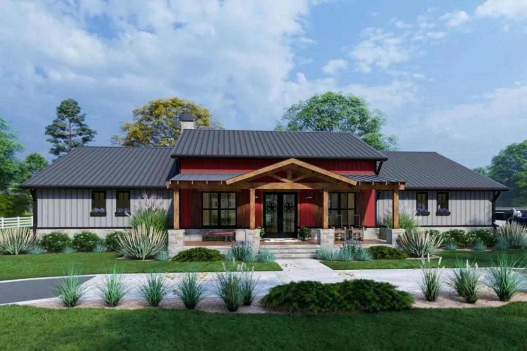 Front view of the 3-bedroom 2-story modern farmhouse with its covered porch and wooden columns