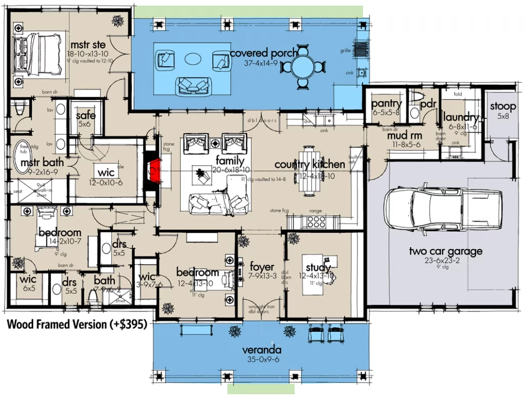 Wood framed version floor plan of 3 bedroom 2-story modern farmhouse with covered porch, veranda, living area, kitchen, foyer, 3 bedroom including the master bedroom,study room, 2.5 bath, pantry, mudroom, laundry and the garage