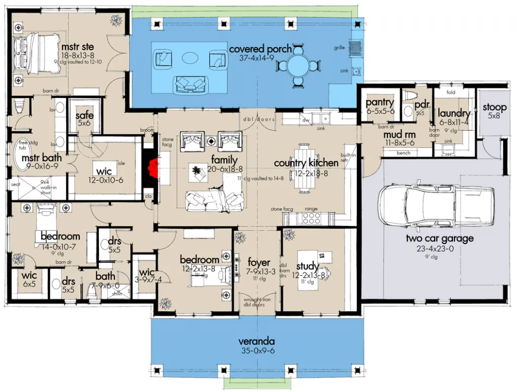 First-floor plan of 3 bedroom 2-story modern farmhouse with covered porch, veranda, living area, kitchen, foyer, 3 bedroom including the master bedroom,study room, 2.5 bath, pantry, mudroom, laundry and the garage