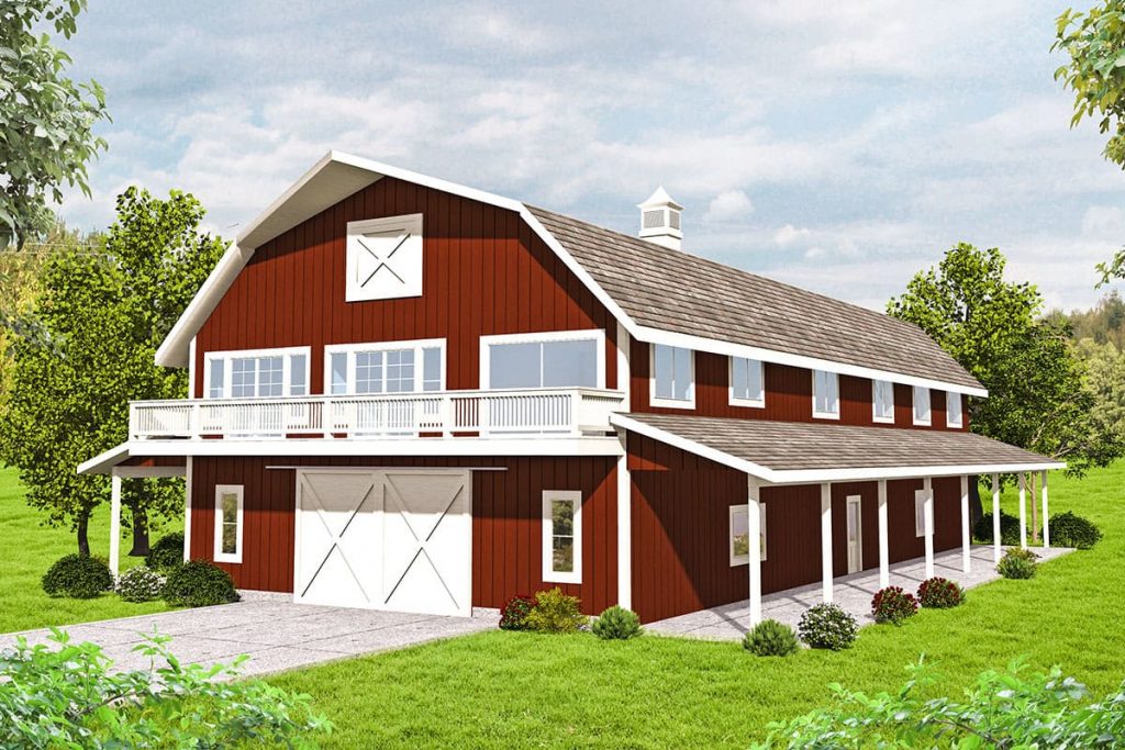 3D rendered front perspective of the brown barndominium with white barn doors