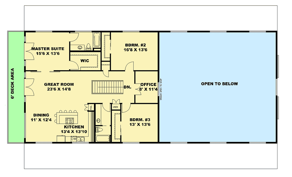 Second-floor plan with great room, dining area, kitchen, office, deck, and 3 bedrooms including the master suite.
