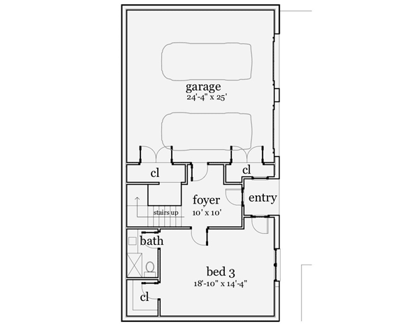Basement plan with an entrance, two-car garage, foyer, and a bedroom.