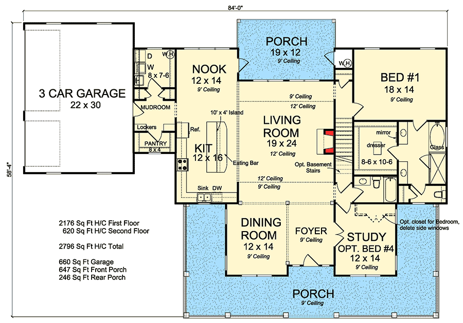 Floor plan of the 2 story enlarged farmhouse with 3-4 bedrooms, 4 bathrooms and garage for 3 cars
