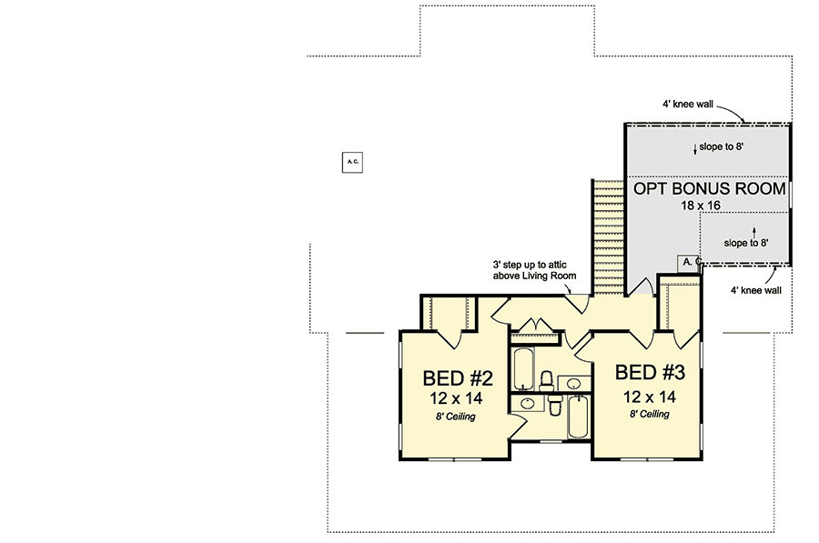 2nd story floor plan of the 2 story enlarged farmhouse with 3-4 bedrooms, 4 bathrooms and garage for 3 cars